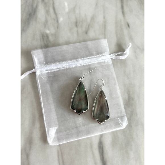 Kendra Scott Carla Silver & Grey Green Watercolor Stone Drop Earrings - Picture 1 of 5